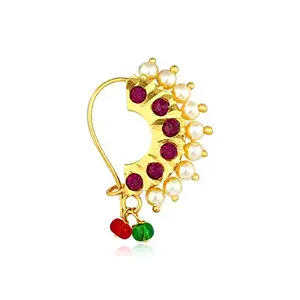 MEENAZ Jewellery Traditional Maharashtrian Banu Nath Nose Ring Pink Colour Stone Gold Plated Along with Pearl Beads for Women and Girl Nose Ring-102