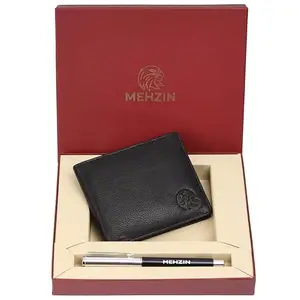 MEHZIN Men Formal Black Genuine Leather RFID Wallet with Pen Combo Set (6 Card Slots) N