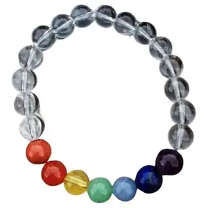 Lady Works Natural 7 Chakra Stone & Crystal Quartz 10mm Round Shape Smooth Cut Beads 8 Inch Stretchable Bracelet For Men & Women. Unisex Bracelet For Healing, Meditation & Luck|LW_BRST_00062_8.0