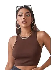 LADYGLOW Women's Ribbed Round Neck Crop Top – Sleeveless Cotton Stretch Slim Fit for Casual, Office, Travel & Stylish Layering