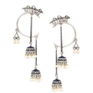 Voylla Brass Silver Oxidised Plating Moksha Yogini Long Chain Jhumki Earrings with White Pearl Beads for Women and Girls