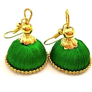GOELX Designer Small Mini Silk Thread Jhumki Earring Set - Green