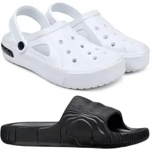 Pampy Angel Combo Pack of 2 Slipper/Flip Flops/Slides/Clogs/Sandals with Adjustable Back Strap for Men,(Cl-Tube-White,Addi-M-Black),8 (UK/India)