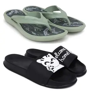 Pampy Angel Combo Pack of 2 Slipper/Flip Flops/Slides/Clogs/Sandals for Women,(V-Sflower-Green,Welcome-Black),38 (Euro)