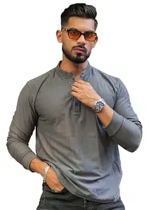 Maniac || Mens || Solid|| Textured || Henly Neck || Full Sleeve || Dark Grey|| Slim Fit || Tshirt