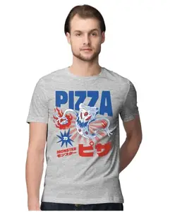 ALLEN BLACK Men's Regular Fit T-Shirt Pizza Food Monster Kaiju 100% Cotton T-Shirt Melange Grey_PIZMONKJU-Melange Grey 5XL Men Round_