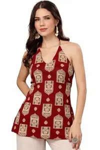LABEL ADRIJA Women's Pure Cotton Backless Sleeveless Short Kurti Top for Women with Knots Printed Halter Neck Straight | Sleeveless Ethnic Summer Tunic for Casual