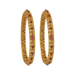 Kushal's Fashion Jewellery Ruby Gold Plated Ethnic 92.5 Pure Silver Temple Bangles - 425471