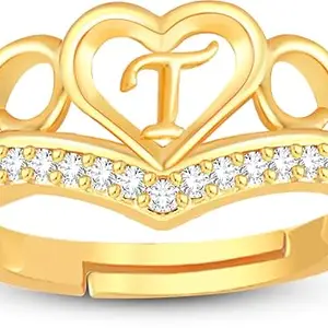 Lila Valentine Ring Heart Alphabet 'T' Promise Propose Engagement Wedding Anniversary Brass, Stainless Steel, Copper, Alloy Cubic Zirconia Gold Plated Ring (BZR_HC370CrwnRsePckGld(T) AlphbtRng(M01))