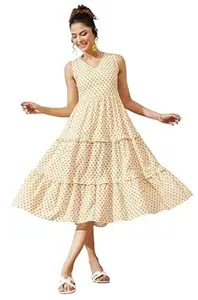 Janasya Women's Off White & Yellow Pure Cotton Floral Printed Tiered Dress