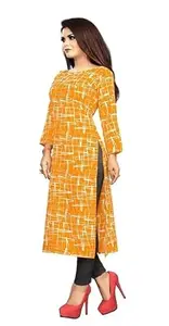 KRUTIKSHA CREATION Women's Printed Cotton Rayon Regular Fit Round Neck 3/4 Sleeve Maxi Ethenic Wear Kurti(K_0143_Medium) Yellow