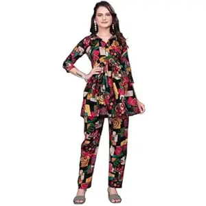 Rangmohini Women Crepe 3/4 Sleeves V Neck Cord Set Featuring Floral Pattern Design 2 Piece Ethnic Wear Set