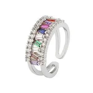ZIVOM® Rainbow Multi Color Baguette Studded Silver Open Back Free Size Ring For Women