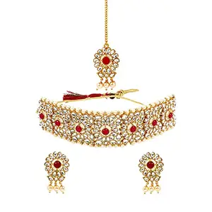 Yellow Chimes Kundan Jewellery Set for Women Gold Plated Pink Beads Traditional Choker Necklace Set and Maang Tikka for Women and Girls