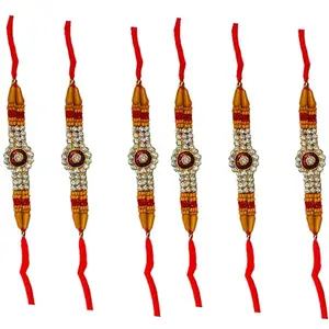 PATWA TRADERS White Stone Rakhi | Rakshasutra Designer Rakhi | Gold Plated Red Thread | With Roli Chawal Pack (Pack of 6)