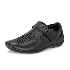 HITZ Men's Black Leather Shoe Style Sandals with Slip On Closure - UK 8