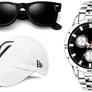 GIFFEMANS GFMN1264 Analog Black Dial Silver Strap Watch with Cap and Sunglasses for Boys (Combo of 3)