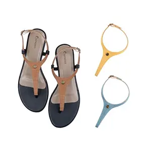 Cameleo -changes with You! Women's Plural T-Strap Slingback Flat Sandals | 3-in-1 Interchangeable Strap Set | Brown-Yellow-Dark-Blue
