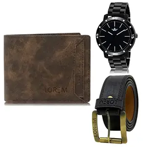 LOREM Mens Combo of Watch with Artificial Leather Wallet & Belt FZ-LR112-WL04-BL01