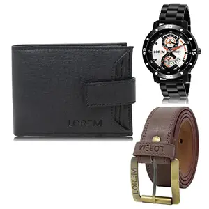 LOREM Mens Combo of Watch with Artificial Leather Wallet & Belt FZ-LR107-WL08-BL02