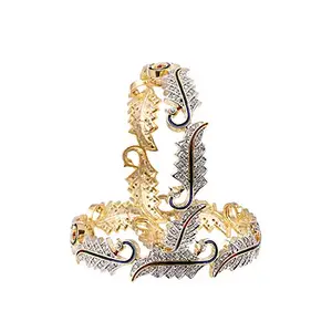 ZENEME Bangle Gold and Rodium Plated American Diamond Studded Excellent Leafy Style Kada Pack Of 2 Bangle Jewellery For Women and Girl (2.4)