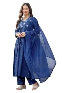 PARTHVI Women's Pure Cotton Printed Flared Kurta With Embroidered Palazzo Pants & Dupatta Set- Ethnic Wear, Blue