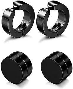 AB Glam Mart 8mm Magnetic Non Piercing Earrings 2 Pair Man Punk Style Round Black Clip Stud Stainless Steel Men