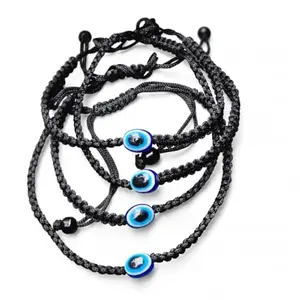 Evil Eye Bracelet, Black Braided Cord with Blue Evil Eye Beads, Traditional Protection Amulet, 4-Bead Design (Contemporary, 8, Piece)