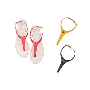 Cameleo -changes with You! Cameleo -changes with You! Women's Plural T-Strap Slingback Flat Sandals | 3-in-1 Interchangeable Leather Strap Set | Red-Yellow-Brown