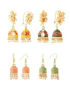 Yellow Chimes Meenakari Jhumka Earrings for Women | Traditional Mothi Hoop Jhumki Earrings Set for Girls | Combo of 4 Pairs Jhumkas Ethnic Gold Plated Women Earrings | Birthday Gift For Girls