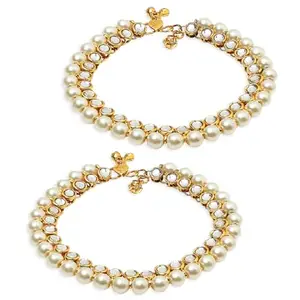 OOMPH Jewellery Pair of Gold Tone Kundan Ethnic Payal Anklets For Women & Girls Stylish Latest (AVM7_AOR1)
