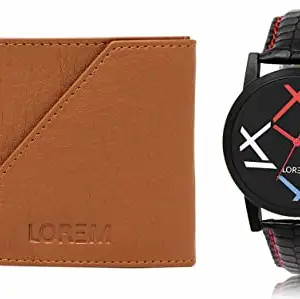 LOREM Tan Color Faux Leather Wallet & Multicolor Analog Watch Combo for Men | WL01-LR12