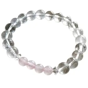 RRJEWELZ 6-8mm Natural Gemstone Crystal Quartz & Rose Quartz Round shape Smooth cut beads 7.5 inch stretchable bracelet for men. | STBR_RR_M_02968