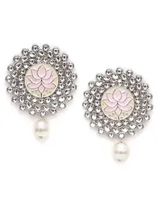 Karatcart Oxidised Silver Pink Meena Pearl Beads Kundan Stud Earrings for Women