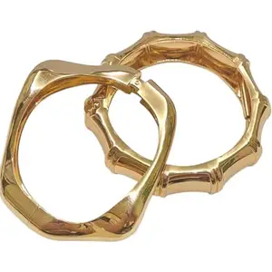Fuschianet Accessories Uneven Zigzag, Broad Bamboo Golden Anti Tarnish Stainless Steel Stackable Bangles Combo for Women and Girls Set of 2