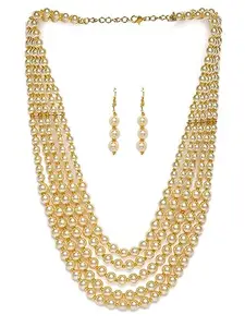 OOMPHelicious Jewellery Light Gold Pearls Necklace Set Multi Layer Mala Necklace Set with Drop Earrings For Women & Girls Stylish Latest Birthday & Anniversary Gift (NEGO1_CC1)