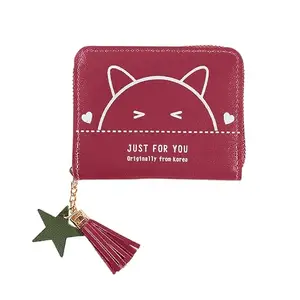 SYGA Wallet for Women's Short Cute Cat Zipper Leather Mini Purse Card/Coin/Cash/Key Holder(Burgundy)