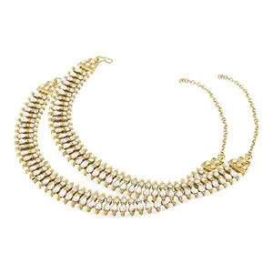 TIRUPATI Deals New Traditional World Indian Gold Tone Designer Ethnic CZ Stone Bridal 3 Layer Anklet Jewelry Payal for Women and Girls, Festive Gift Item, White Golden