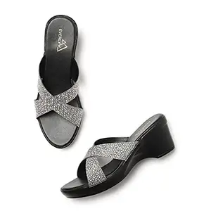 Women's Everly Embellished Platform Wedges Sandal (AB7016BLK37, 4, Greyish Black)