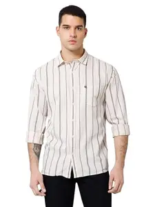 Cantabil Cotton Striped Full Sleeve Regular Fit Beige Casual Shirt for Men with Pocket | Cotton Casual Shirt for Men | Casual Wear Shirts for Men (MSHC00713_ECRU_40)