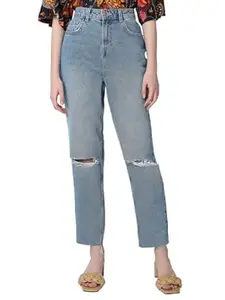 VERO Moda Women's Mom Fit High Rise Distressed Jeans
