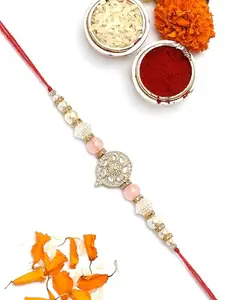 Karatcart Gold Plated Pink and White Beads Kundan Bhiya Rakhi with Roli & Chawal