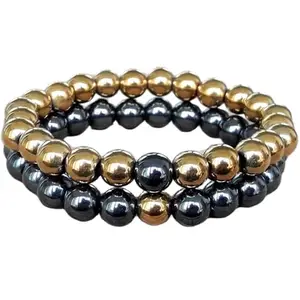 RRJEWELZ black hematite & golden hematite 8mm Round Smooth beads Long Distance Couples Love Friendship Combo Bracelet Set - Couples Relationship 7 inch Stretchable Bracelets set|RR_CPBR_033_7