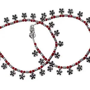 AyA Fashion Red Oxidised German Silver Floral Beads Anklet for Women