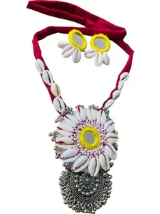 Nessh Fashion Handcrafted Cowrie Shell Flower Necklace Set with Earrings for Women & Girls | Ethnic Boho Jewellery (Red, Yellow, White, Silver)
