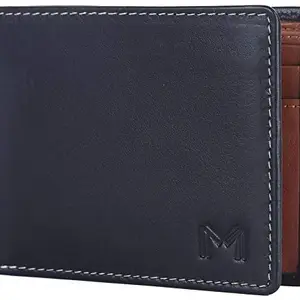 Massi Miliano Mens Genuine Leather Wallet RFID Blocking Bifold Slim Purse with Credit Card Holder Slots (MNR02, Black & Cognac)