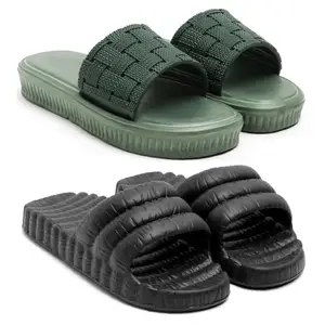 Skytrap Stylish Comroftable Trending Light Weight Extra Soft Green, Black Rubber Slides Slippers Flipflop for Women & Girls Combo of 2