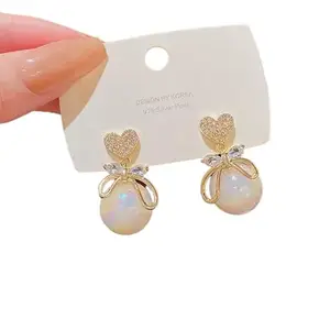 Yu Fashions Rhinestone Heart Pearl Drop Elegant Korean Earrings Pair