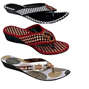 Women's Textile Flip-Flops Slippers, Pack Of 3 (Black-Maroon-White-Numeric_9)