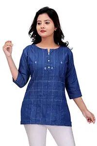 ANMOL FASHION Denim Blue Hand Embroidered Top for Women (T - 154) (Large)